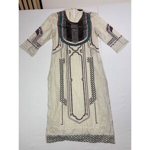 Wishful by W Women Cream Beaded Kurta Tunic Dress Metallic Geometric Size 8